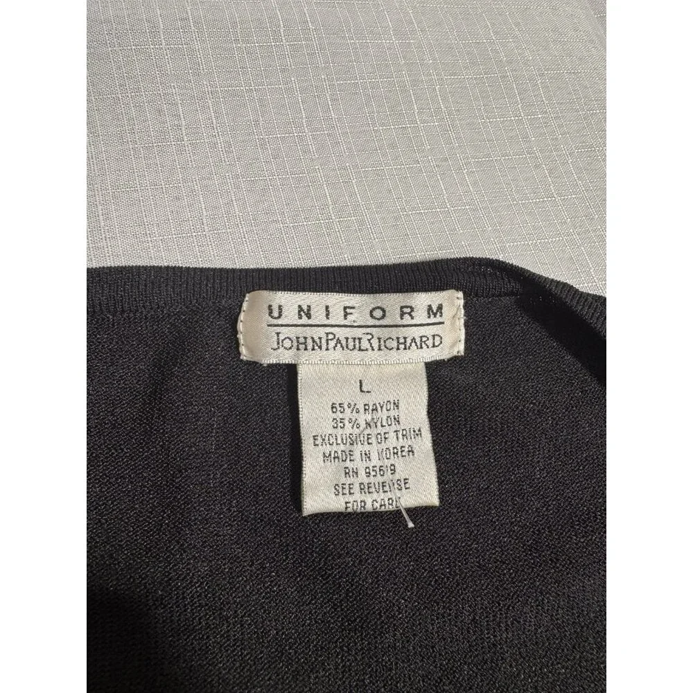 John Paul Richard Uniform Top L Black Blue Sequin Geometric V-Neck Long Sleeve - Picture 2 of 8